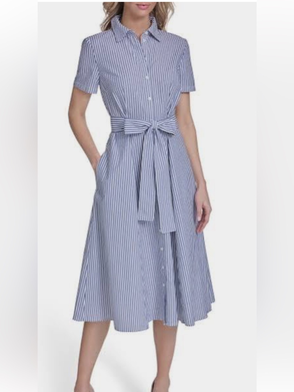 J. Crew Blue and White Striped Midi Shirt Dress w/pockets & self belt - Picture 15 of 16